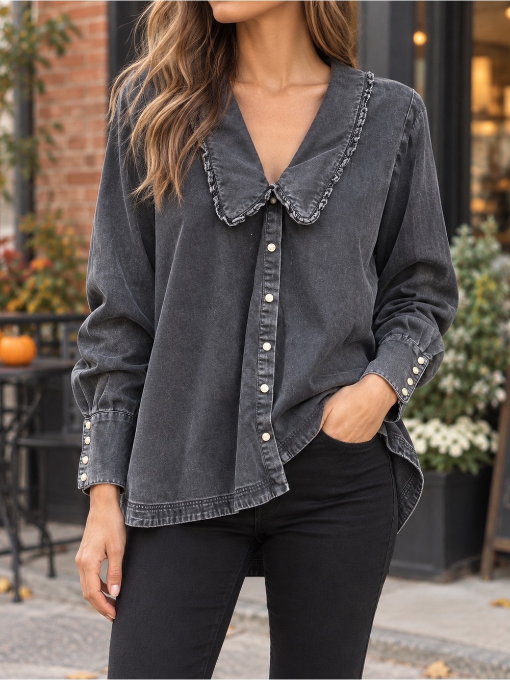 Free People Cotton Oversized Washed Black Ruffle Collar Button Shirt Size XS